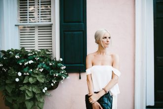 Off-the-shoulder forever 21 white crop top Cmeo Palisades top look-a-like tan culottes downtown street style Spring Summer Blogger 2016 Flower Boxes // Charleston Fashion Blogger Dannon Like The Yogurt