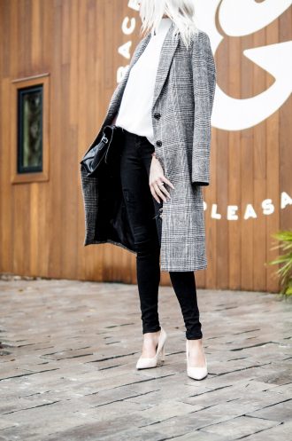 Sunday Brunching Grace and Grits Plaid Checkered long coat forever 211 white high neck sweater black skinny jeans nude heels Charleston Fashion Blogger Dannon Like The Yogurt