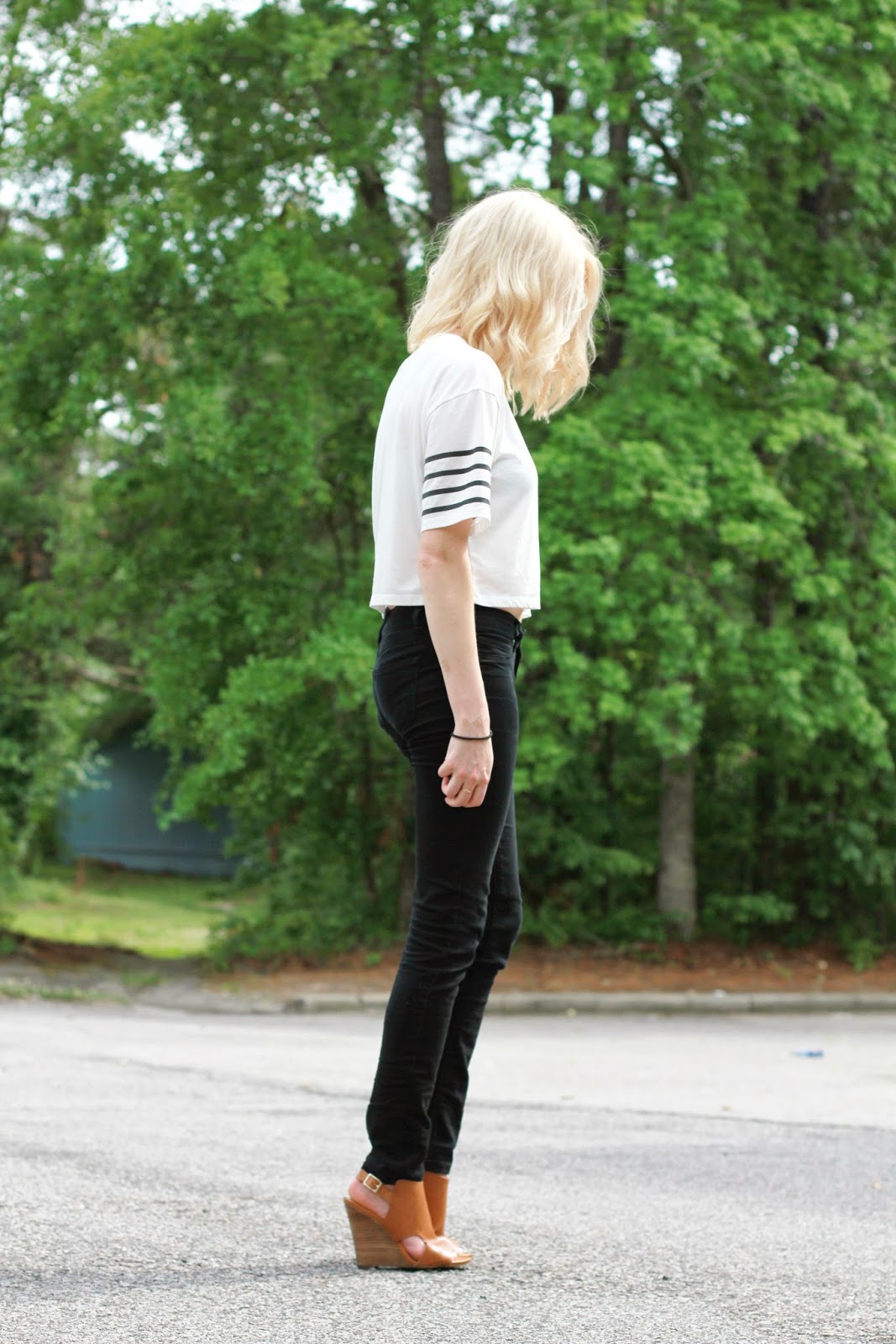 striped crop tee + camel mules