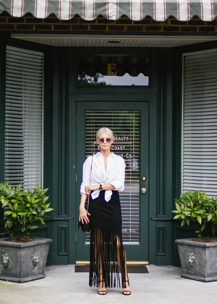 Black Fringe Skirt Dress with White Button Up // Charleston Blogger Dannon Like The Yogurt