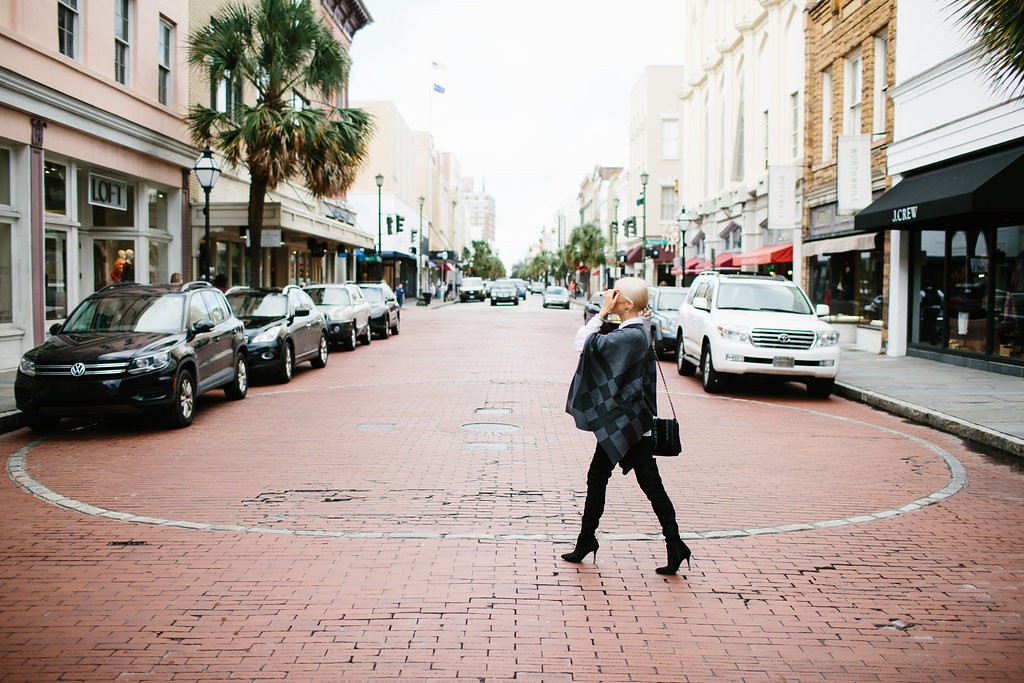 Christmas Wrappings J. McClaughlin Gray Plaid Poncho H&M thigh High Boots Winter 2015 // Charleston Fashion Blogger Dannon Like The Yogurt