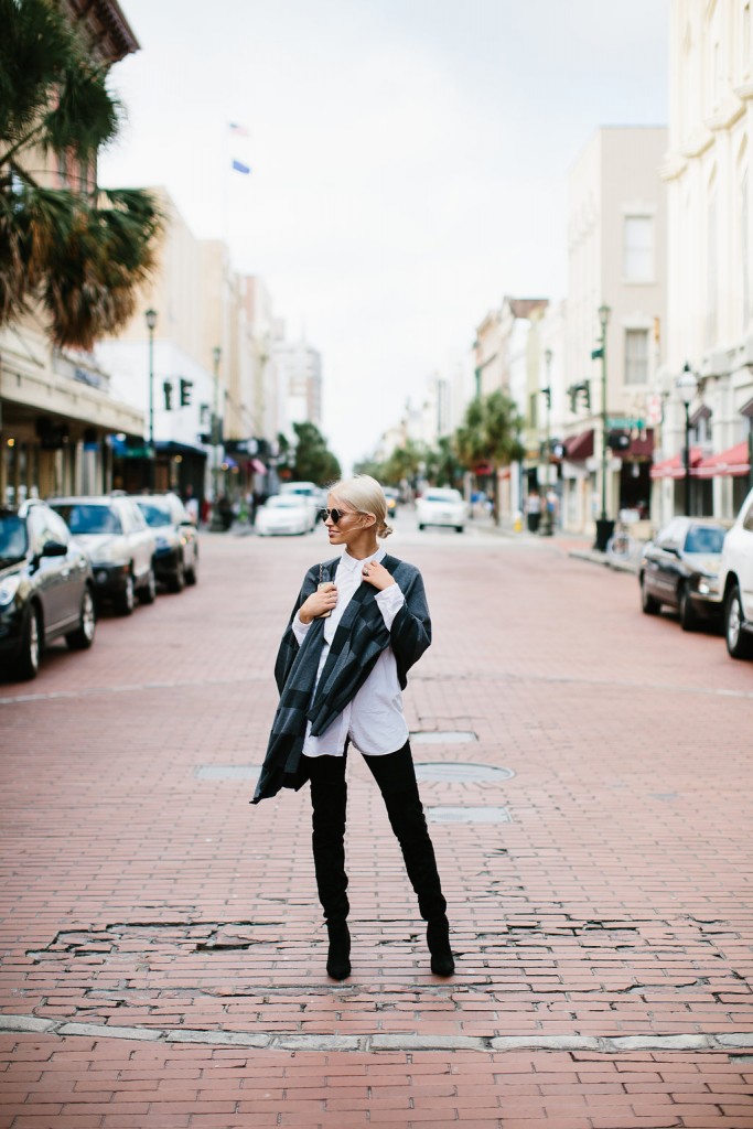 Christmas Wrappings J. McClaughlin Gray Plaid Poncho H&M thigh High Boots Winter 2015 // Charleston Fashion Blogger Dannon Like The Yogurt