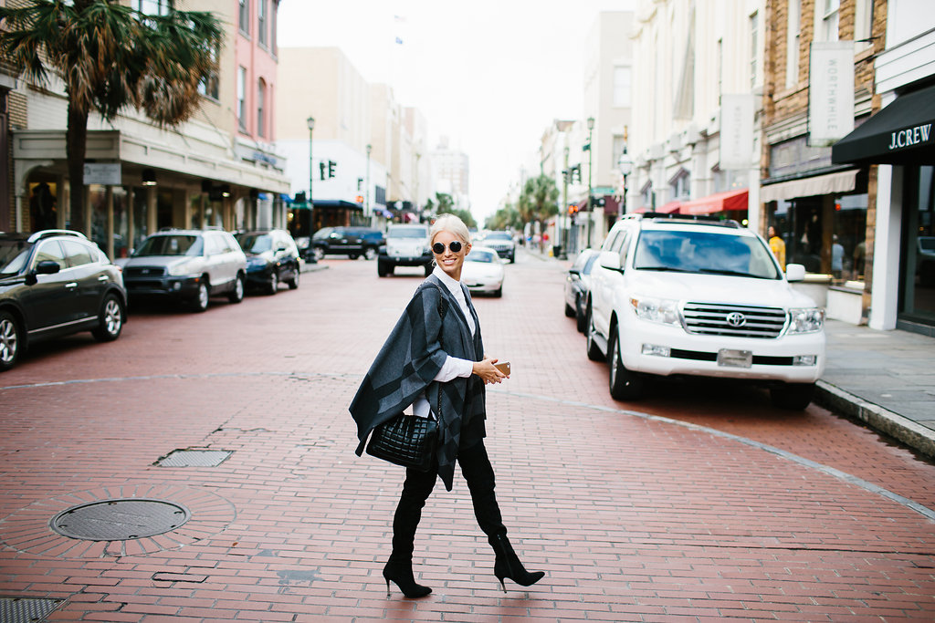 Christmas Wrappings J. McClaughlin Gray Plaid Poncho H&M thigh High Boots Winter 2015 // Charleston Fashion Blogger Dannon Like The Yogurt