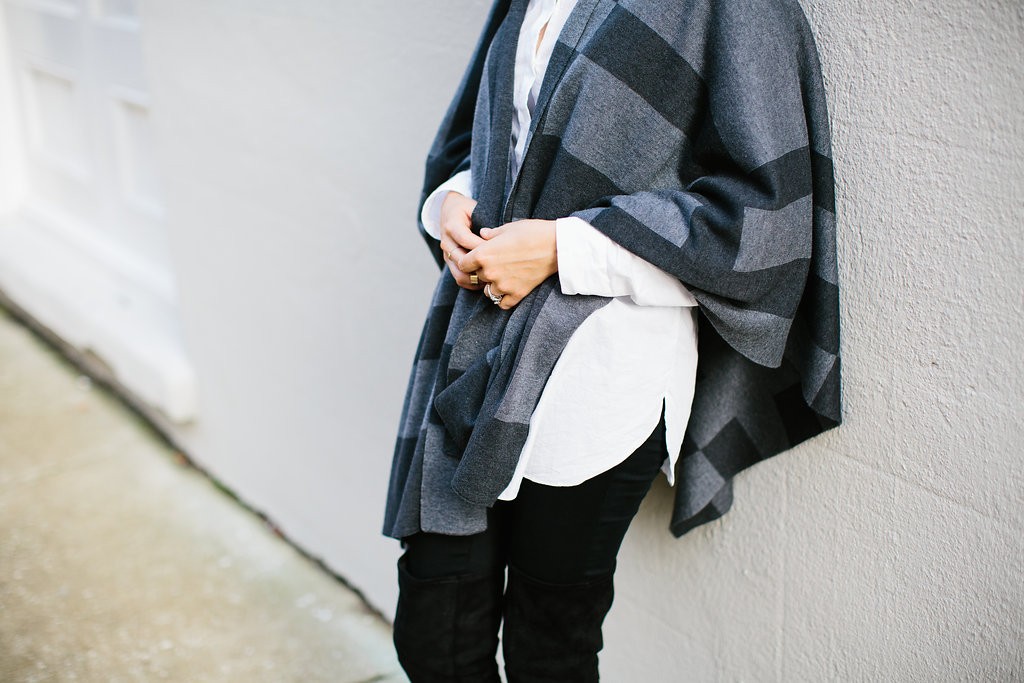 Christmas Wrappings J. McClaughlin Gray Plaid Poncho H&M thigh High Boots Winter 2015 // Charleston Fashion Blogger Dannon Like The Yogurt