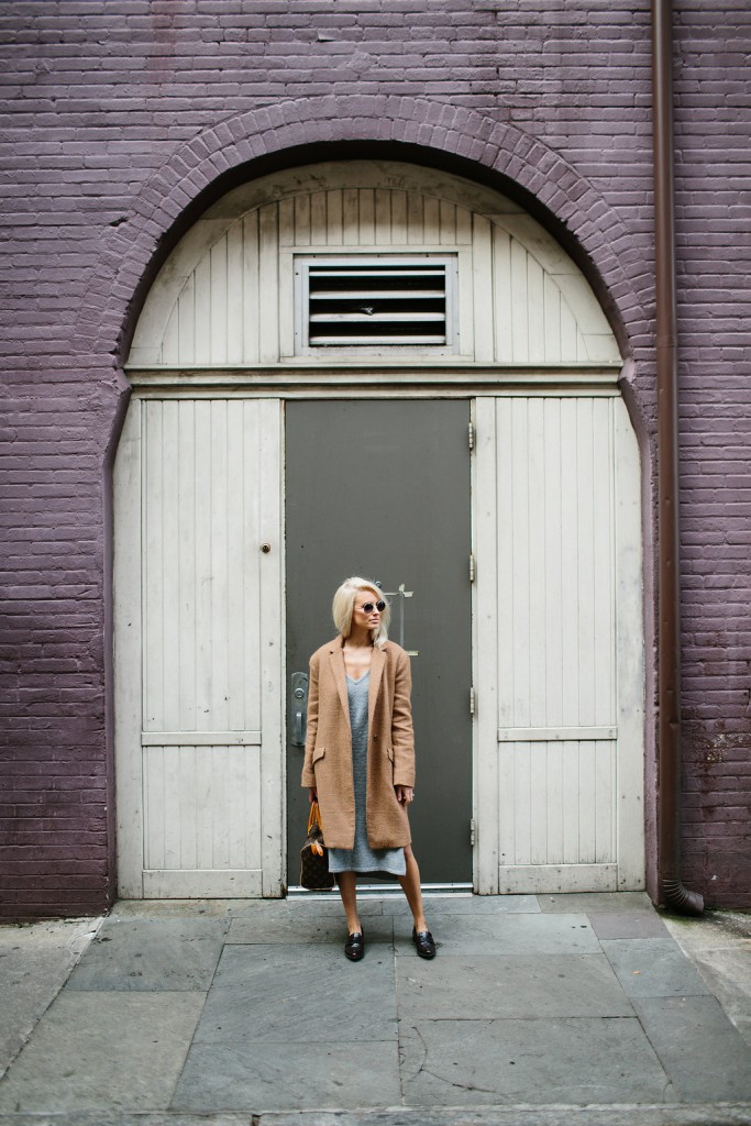 Dress Down Grey V Neck Sweater Dress Loafers Camel Coat Fashion Trends 2016 // Charleston Fashion Blogger Dannon Like The Yogurt