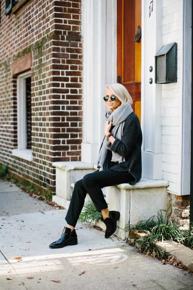 Charleston Strolls Forever 21 Navy knit Sweater Oversized Scarf Pinstripe Pants Zara ankle boots // Charleston Fashion Blogger Dannon Like The Yogurt