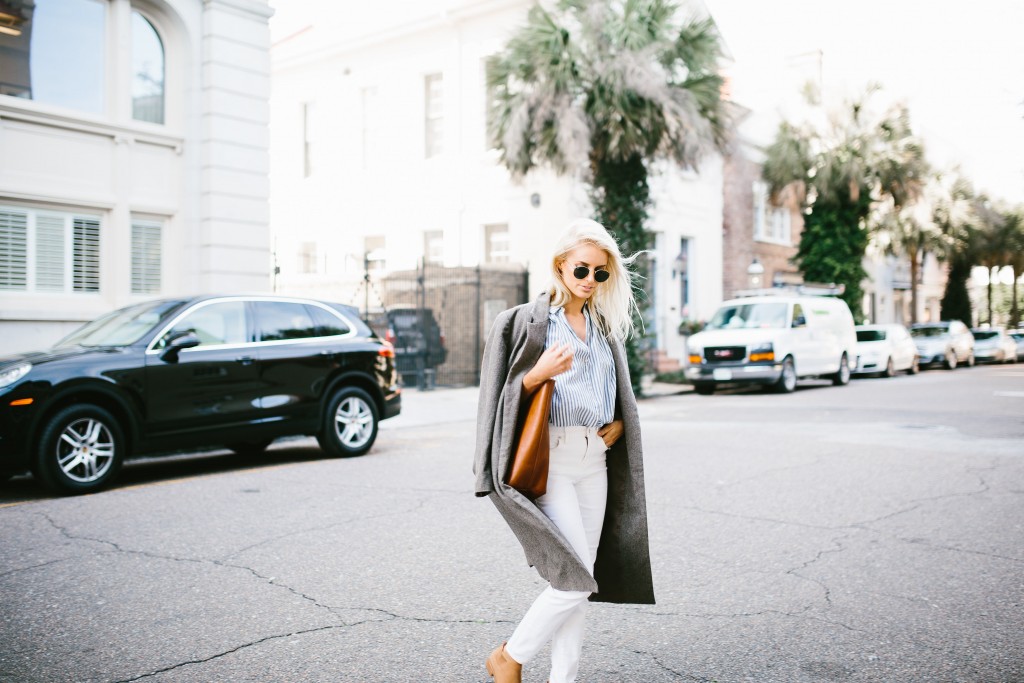 Madewell Denim Rules White high riser skinny jeans thrifted grey oversized coat central stripe chambray short sleeve top tan suede ankle boots daniel wellington watch Spring 2016 // Charleston Fashion Blogger Dannon Like The Yogurt