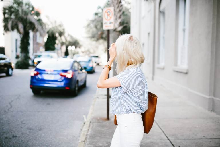 Madewell Denim Rules White high riser skinny jeans thrifted grey oversized coat central stripe chambray short sleeve top tan suede ankle boots daniel wellington watch Spring 2016 // Charleston Fashion Blogger Dannon Like The Yogurt