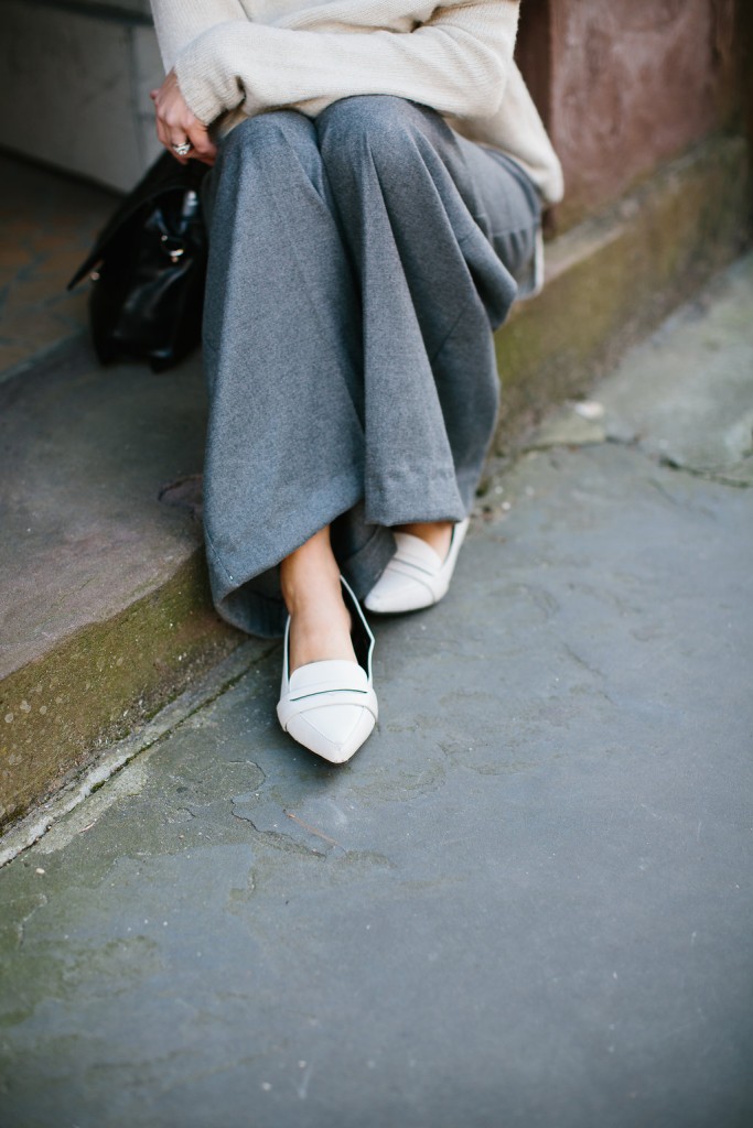 Loose Fits H&M grey high waist wool wide leg pants v-neck cream sweater white pointed loafers // Charleston Fashion Blogger Dannon Like The Yogurt