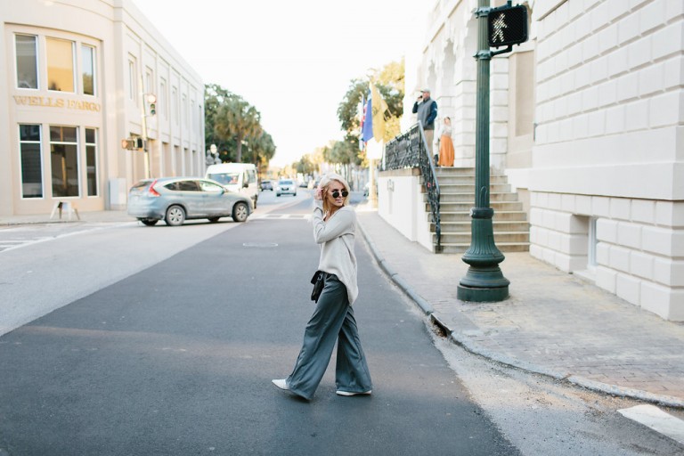 Loose Fits H&M grey high waist wool wide leg pants v-neck cream sweater white pointed loafers // Charleston Fashion Blogger Dannon Like The Yogurt