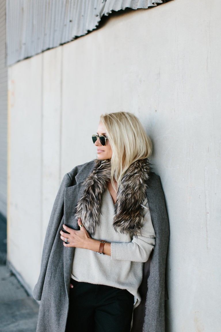 Winter is Going Cream V neck sweater pinstripe trousers pants oversized grey coat faux fur stole rayban round sunglasses // Charleston Fashion Blogger Dannon Like The Yogurt