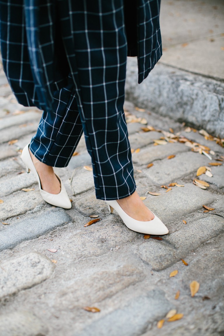 Grids Lamoda 101 Windowpane Check Coat and trousers Minimalist Navy white kitten heels block Zara Spring 2016 // Charleston Fashion Blogger Dannon Like The Yogurt