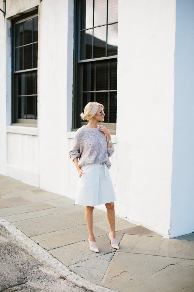 Chunky Knits + Wrap Skirts Spring 2016 Chunky knit sweater H&M Lamoda 101 Hesse belted wrap skirt white Sante Shoes nude pointed mules // Charleston Fashion Blogger Dannon Like The Yogurt
