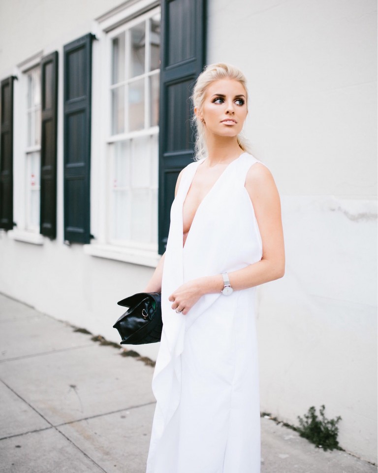 CFW Finale Charles Morgan Charleston Fashion Week 2016 Street style white ruffle dress trouser wide leg pants half up half down tousled hair kelli hoff // Charleston Fashion Blogger Dannon Like The Yogurt