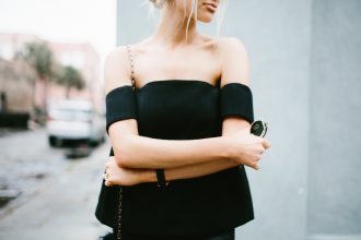 The Palisades Top Cmeo Collective Cameo The Label Black top-the-shoulder modern top leather H&M pants // Charleston Fashion Blogger Dannon Like The Yogurt