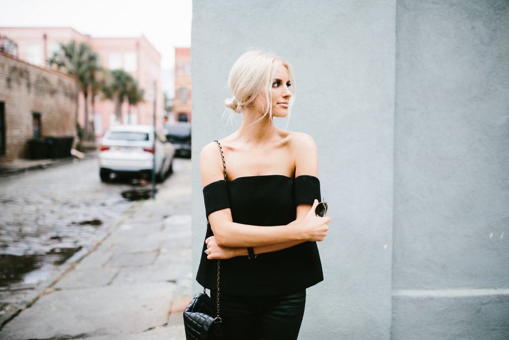 The Palisades Top Cmeo Collective Cameo The Label Black top-the-shoulder modern top leather H&M pants // Charleston Fashion Blogger Dannon Like The Yogurt