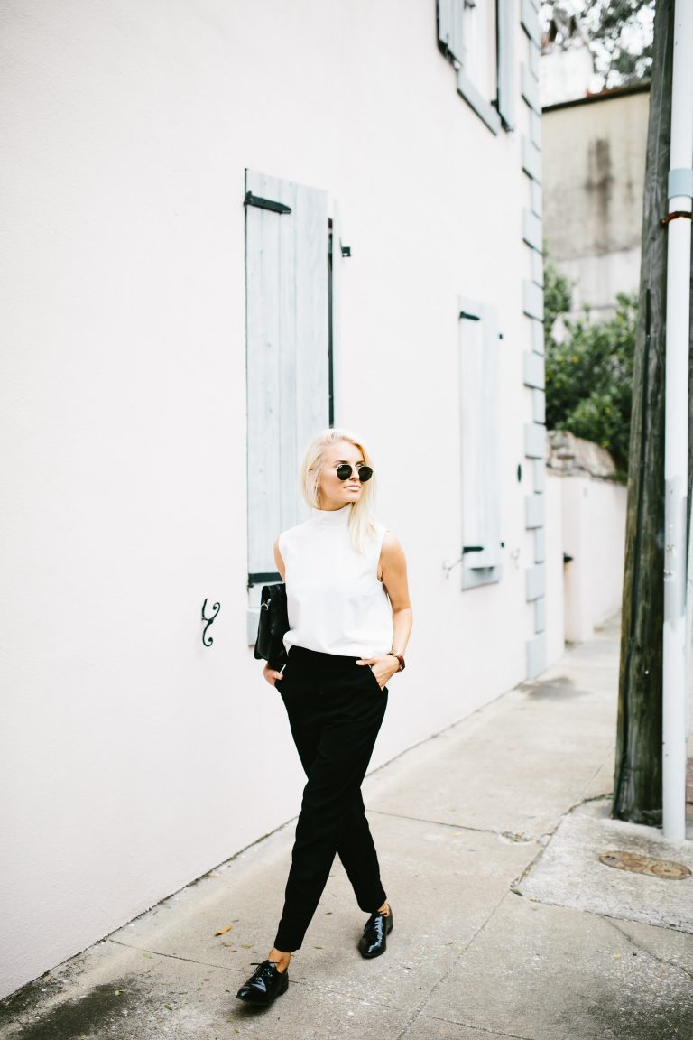 Boyish Asos high neck sleeveless turtleneck white high waist trousers slacks Forever 21 black patent leather oxfords // Charleston Fashion Blogger Dannon Like The Yogurt