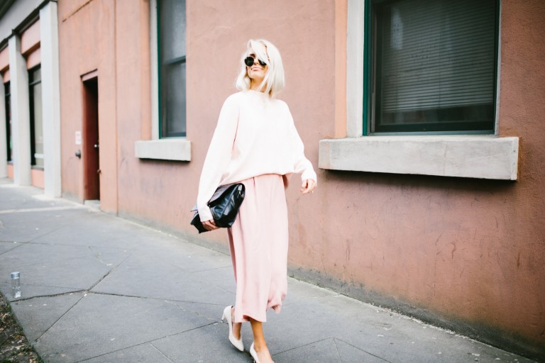 Blush and Bashful H&M mock turtleneck sweater pink blush culottes Tibi Banana Republic white kitten heels nordstrom // Charleston Fashion Blogger Dannon Like The Yogurt