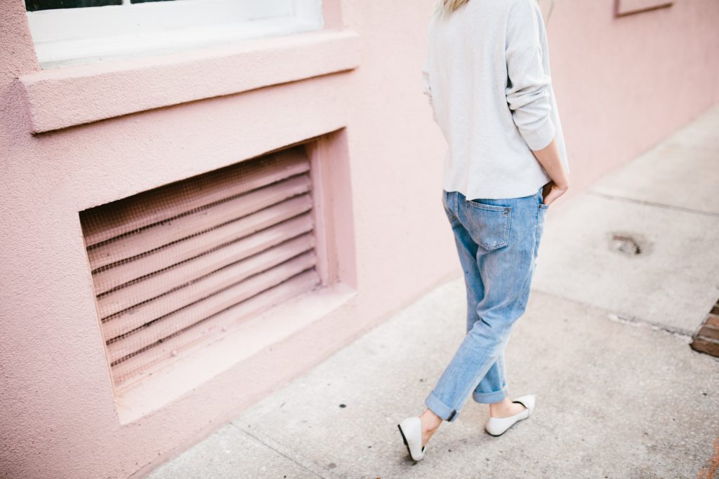 Lazy Days H&M mock turtleneck sweater madewell boyfriend jeans forever 21 white grey loafers // Charleston Fashion Blogger Dannon Like The Yogurt
