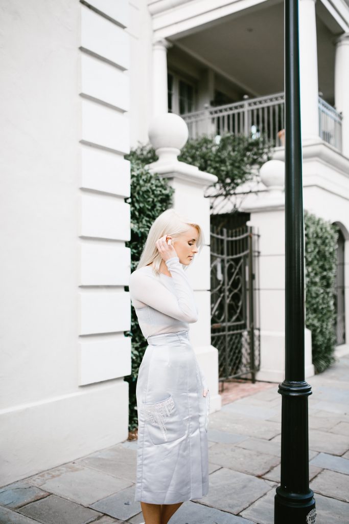 H&M Conscious 2016 Fine knit lyoceel blend sheer blue gray long sleeve top beaded satin skirt midi pencil // Charleston Fashion Blogger Dannon Like The Yogurt 
