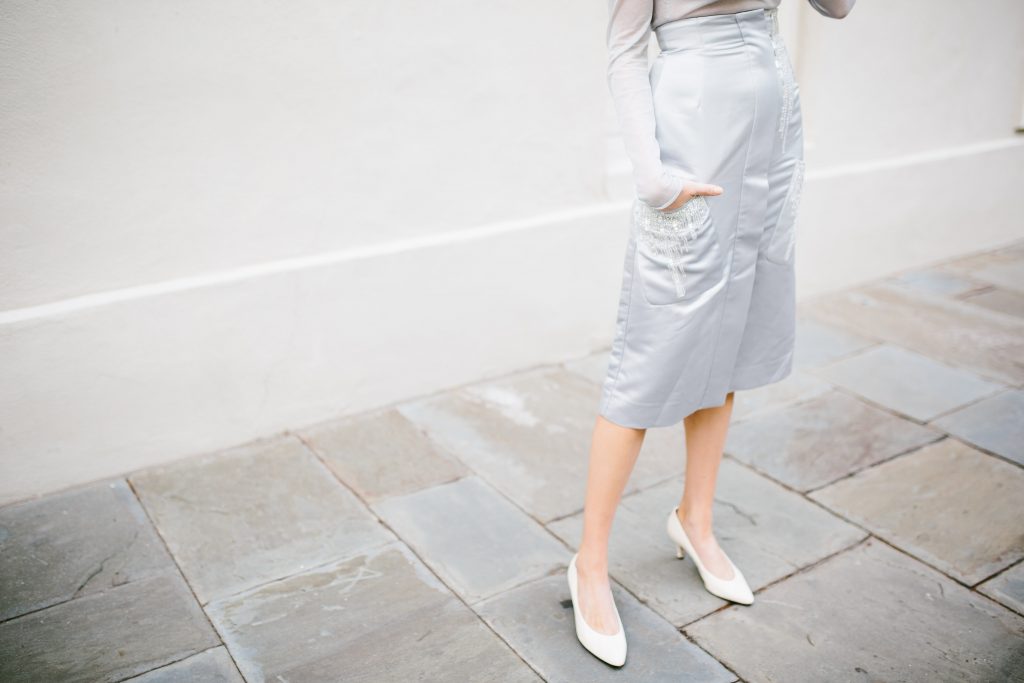 H&M Conscious 2016 Fine knit lyoceel blend sheer blue gray long sleeve top beaded satin skirt midi pencil // Charleston Fashion Blogger Dannon Like The Yogurt 