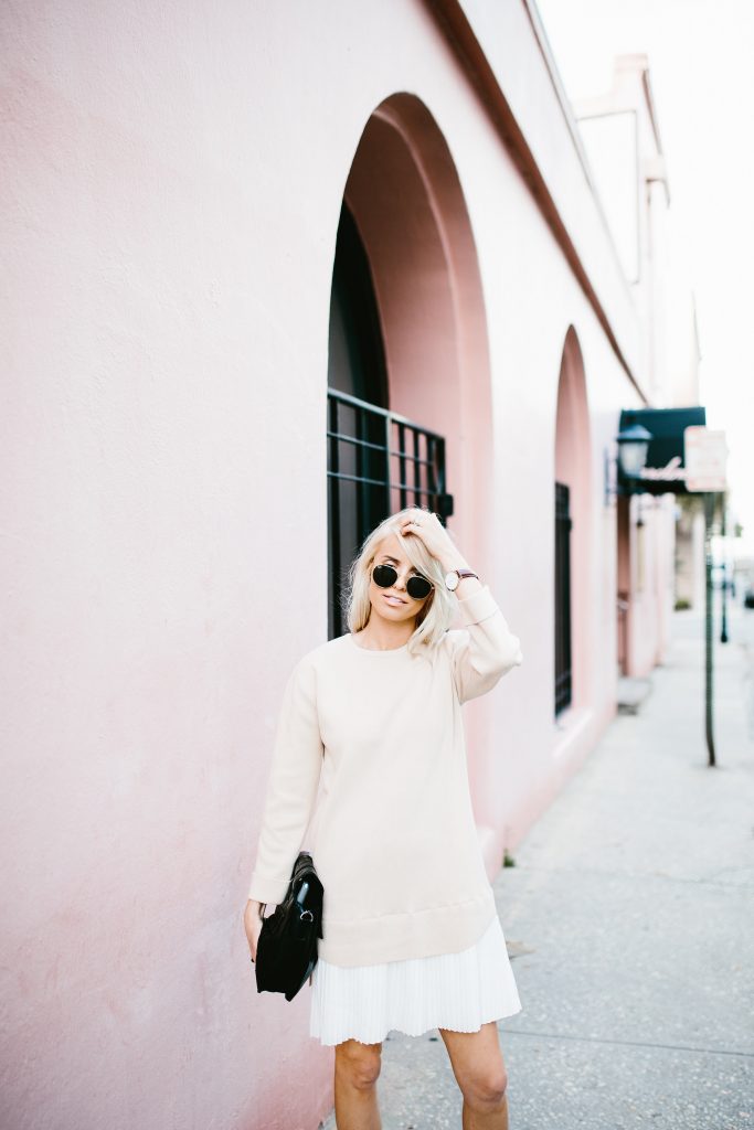 school’s out degas sweater dress with pleated skirt Lamoda 101 blush white Spring 2016 street style // Charleston Fashion Blogger Dannon Like The Yogurt