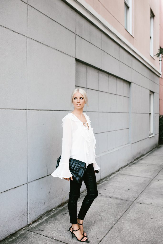 Makeovers and Mimosas Mosa Boutique For Love and Lemons White Ruffle Top Eva Blouse BlankNYC Leather Leggings // Charleston Fashion Blogger Dannon Like The Yogurt 