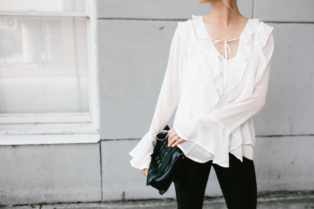 Makeovers and Mimosas Mosa Boutique For Love and Lemons White Ruffle Top Eva Blouse BlankNYC Leather Leggings // Charleston Fashion Blogger Dannon Like The Yogurt 