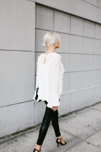 Makeovers and Mimosas Mosa Boutique For Love and Lemons White Ruffle Top Eva Blouse BlankNYC Leather Leggings // Charleston Fashion Blogger Dannon Like The Yogurt