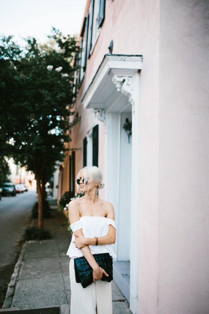 Off-the-shoulder forever 21 white crop top Cmeo Palisades top look-a-like tan culottes downtown street style Spring Summer Blogger 2016 Flower Boxes // Charleston Fashion Blogger Dannon Like The Yogurt 