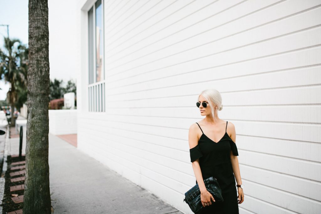 Saroka Frill Seeker dress off-the-shoulder black H&M slip-on sandals spring summer street style 2016 // Charleston Fashion Blogger Dannon Like The Yogurt