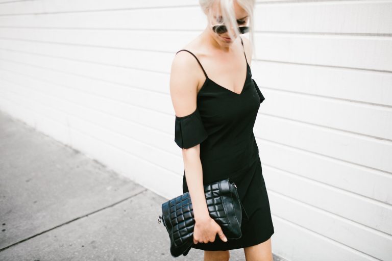 Saroka Frill Seeker dress off-the-shoulder black H&M slip-on sandals spring summer street style 2016 // Charleston Fashion Blogger Dannon Like The Yogurt