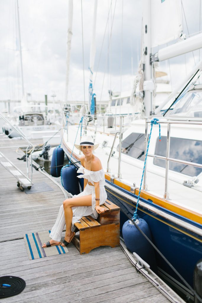 Sailing Away ASOS Stripe Beach Co-ord set Frill off-the-shoulder top wide leg split pant cover-up Harbor Marina // Charleston Fashion Blogger Dannon Like The Yogurt 