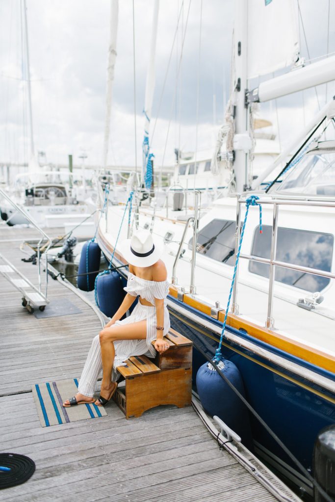 Sailing Away ASOS Stripe Beach Co-ord set Frill off-the-shoulder top wide leg split pant cover-up Harbor Marina // Charleston Fashion Blogger Dannon Like The Yogurt 