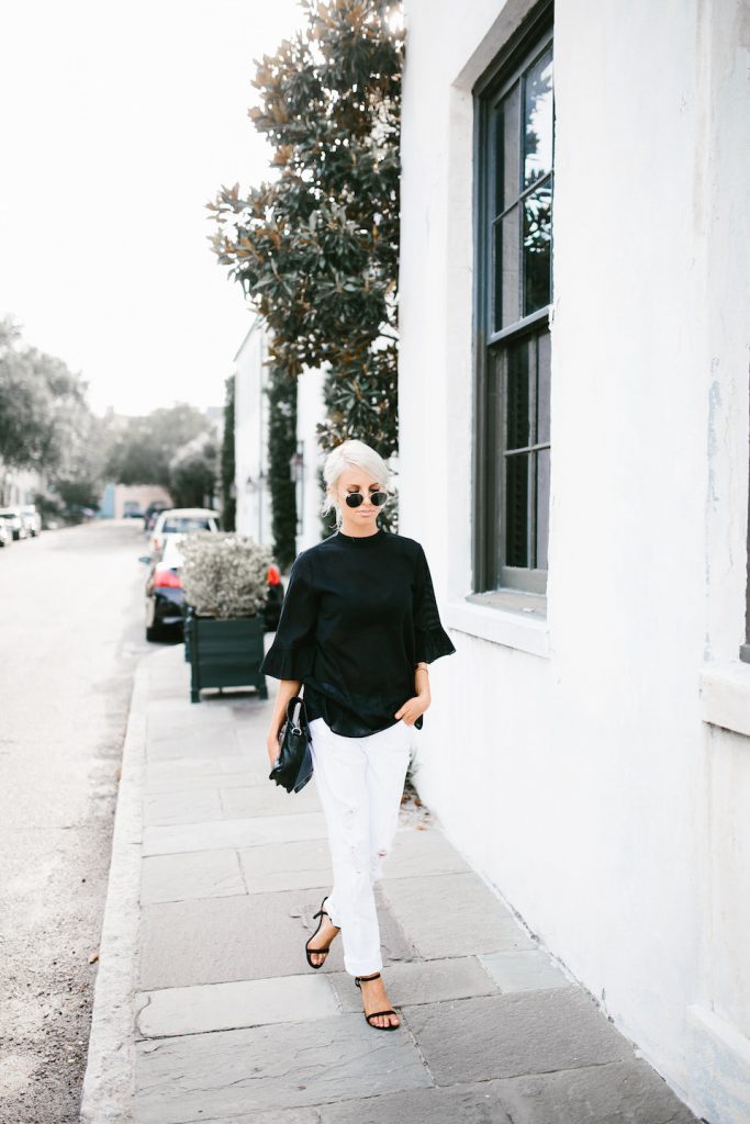 Monki Frill Sleeve Blouse Black Asos Summer Street Style 2016 White distressed boyfriend jeans J. Brand // Charleston Fashion Blogger Dannon Like The Yogurt 