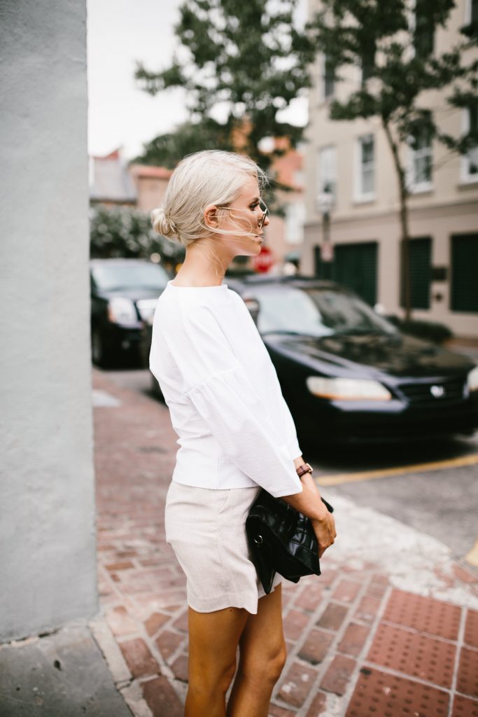 Bell Sleeves H&M ruffle boatneck top James Jeans Trouser High waist shorts Summer Street Style 2016   // Charleston Fashion Blogger Dannon Like The Yogurt  