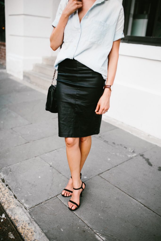 Classic Denim and Leather chambray short sleeve button up leather pencil skirt ankle strap heels Minimalist Summer 2016 // Charleston Fashion Blogger Dannon Like The Yogurt 