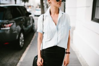 Classic Denim and Leather chambray short sleeve button up leather pencil skirt ankle strap heels Minimalist Summer 2016 // Charleston Fashion Blogger Dannon Like The Yogurt