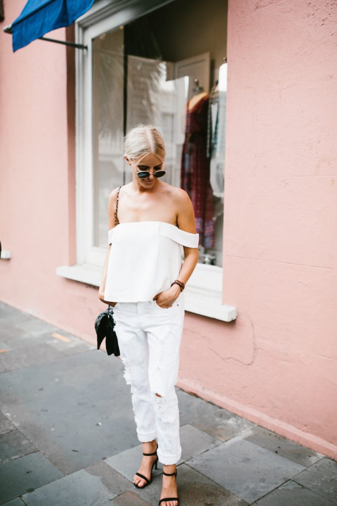All white Cmeo Collective All Under You Palisades Top Off the Shoulder structured white distressed boyfriend denim Neo James Jeans Minimalist Summer 2016 // Charleston Fashion Blogger Dannon Like The Yogurt 