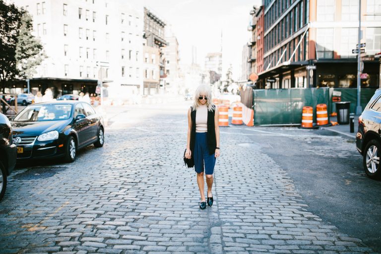 Boyish NYFW Street Style New York Fashion Week 2016 SS17 Street Style Fashion Trends Runway shaggy 70’s hair bangs women ribbed mock neck tank Abercrombie & Fitch Long satin bermuda shorts H&M Longline Black Vest Loafers Forever 21 // Charleston Fashion Blogger Dannon Like The Yogurt