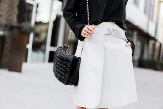 Brady Bunch 90’s street style fall autumn trends 2016 wrap skirt white black satin blouse button up tan slip-on mules// Charleston Fashion Blogger Dannon Like The Yogurt