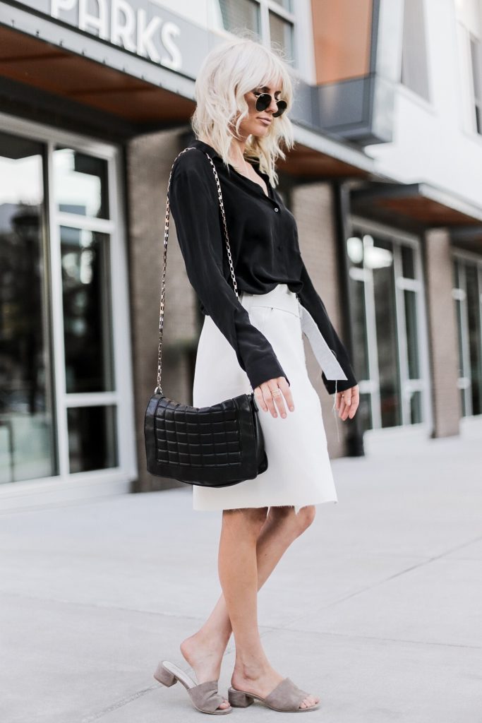 Brady Bunch 90’s street style fall autumn trends 2016 wrap skirt white black satin blouse button up tan slip-on mules// Charleston Fashion Blogger Dannon Like The Yogurt 