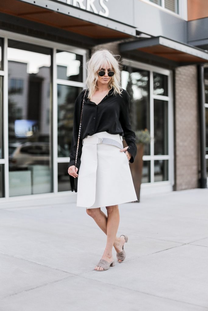Brady Bunch 90’s street style fall autumn trends 2016 wrap skirt white black satin blouse button up tan slip-on mules// Charleston Fashion Blogger Dannon Like The Yogurt 