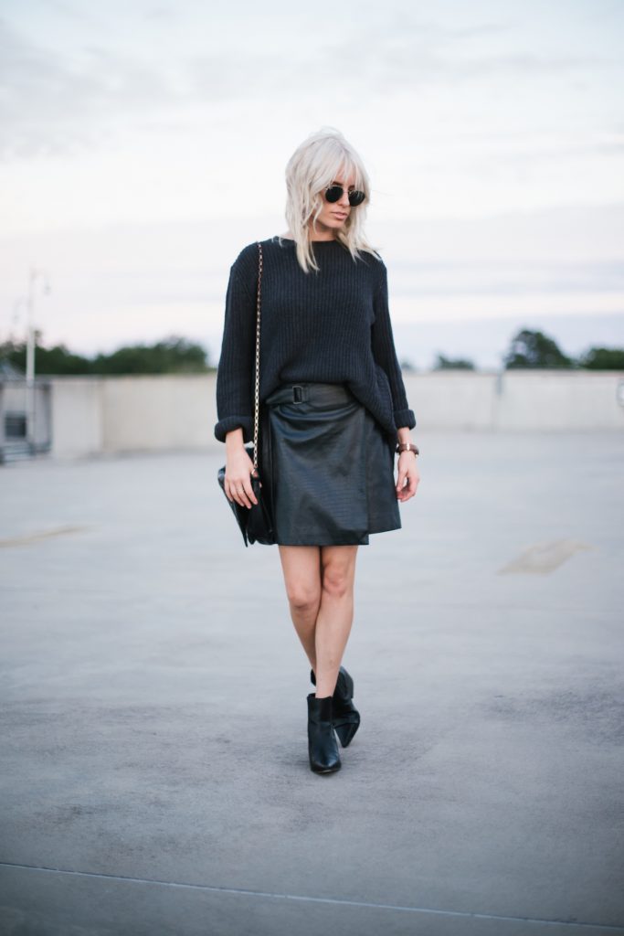 chunky knits and mini skirts navy oversized sweater forever 21 wrap a line high waist mini skirt snake print monochrome ankle boots street style fall autumn trends 2016 // Charleston Fashion Blogger Dannon Like The Yogurt 