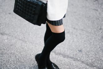 High Socks black knee-highs loafers pinstripe skirt oversized high neck knit cream sweater street style fall autumn 2016 // Charleston Fashion Blogger Dannon Like The Yogurt