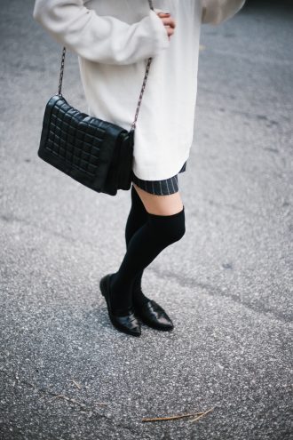 High Socks black knee-highs loafers pinstripe skirt oversized high neck knit cream sweater street style fall autumn 2016 // Charleston Fashion Blogger Dannon Like The Yogurt