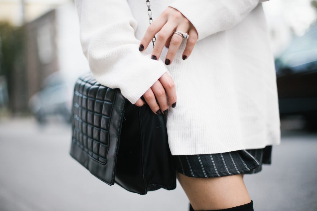 High Socks black knee-highs loafers pinstripe skirt oversized high neck knit cream sweater street style fall autumn 2016 // Charleston Fashion Blogger Dannon Like The Yogurt 