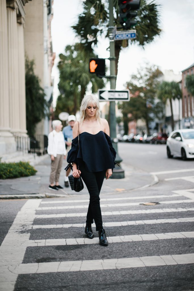 navy off the shoulder black skinny jeans patent leather ankle boots fall blogger street style fall autumn 2016 // Charleston Fashion Blogger Dannon Like The Yogurt 