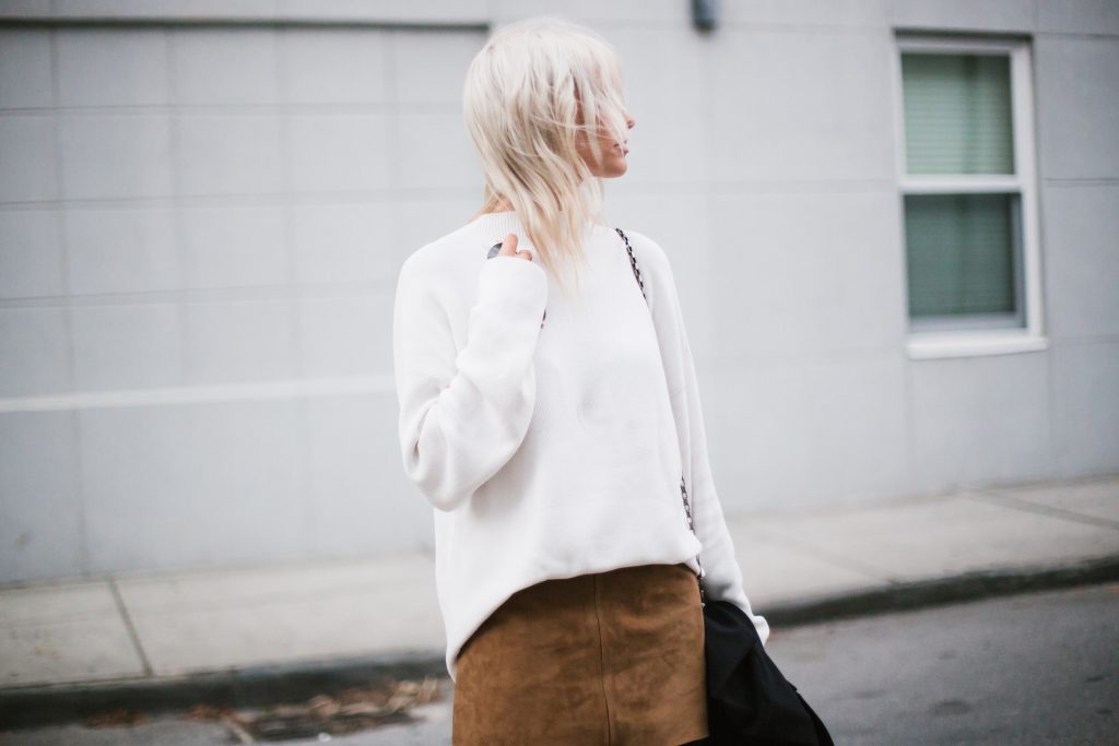 Fall Suedes oversized white mock neck sweater suede mini skirt black coat patent leather ankle boots street style fall autumn trends 2016 // Charleston Fashion Blogger Dannon Like The Yogurt 