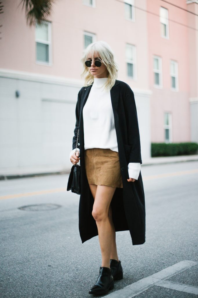 Fall Suedes oversized white mock neck sweater suede mini skirt black coat patent leather ankle boots street style fall autumn trends 2016 // Charleston Fashion Blogger Dannon Like The Yogurt 